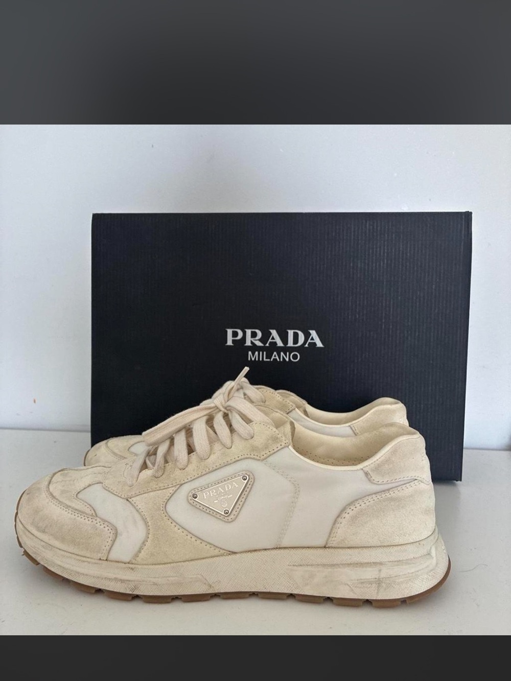 Prada Men's Cream Suede & Leather Low-Top Sneakers